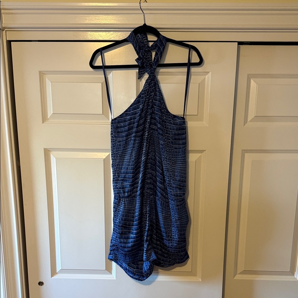 BCBGMaxAzria Navy Blue Animal Print Halter Romper